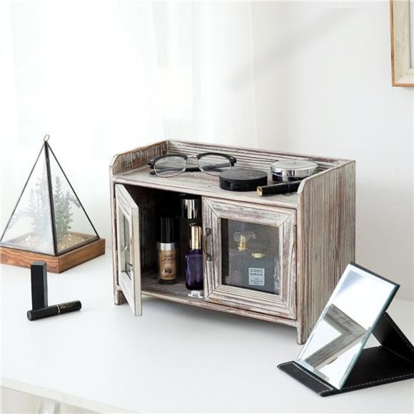 Solid Torched Wood Countertop Storage Cabinet with 2 Glass Window Doors - Picture 3 of 6